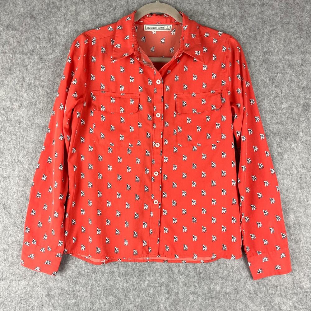 Abercrombie Fitch French Bulldog Top Womens Small Orange‎ Button Up Blouse